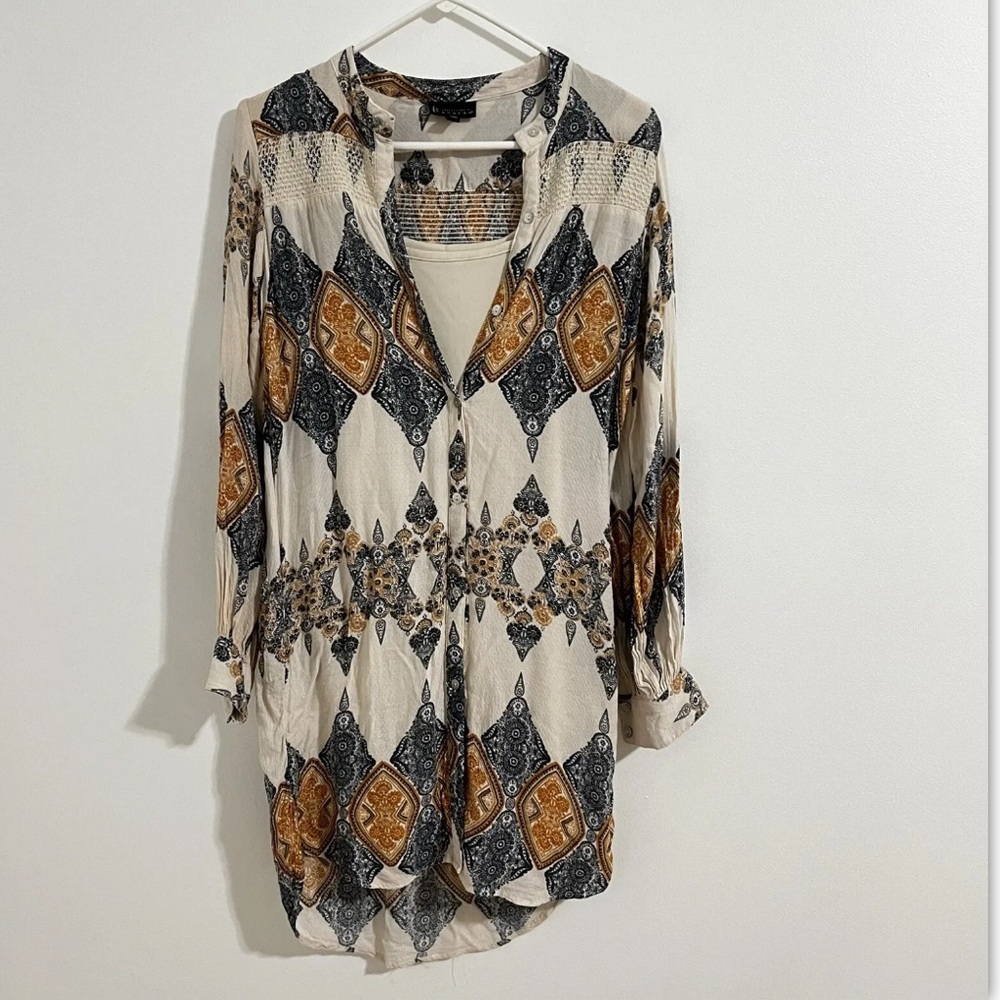 B Collection By Bobeau Shirt Dress Beige Bohemian Peasant Mini Size XS Festival‎